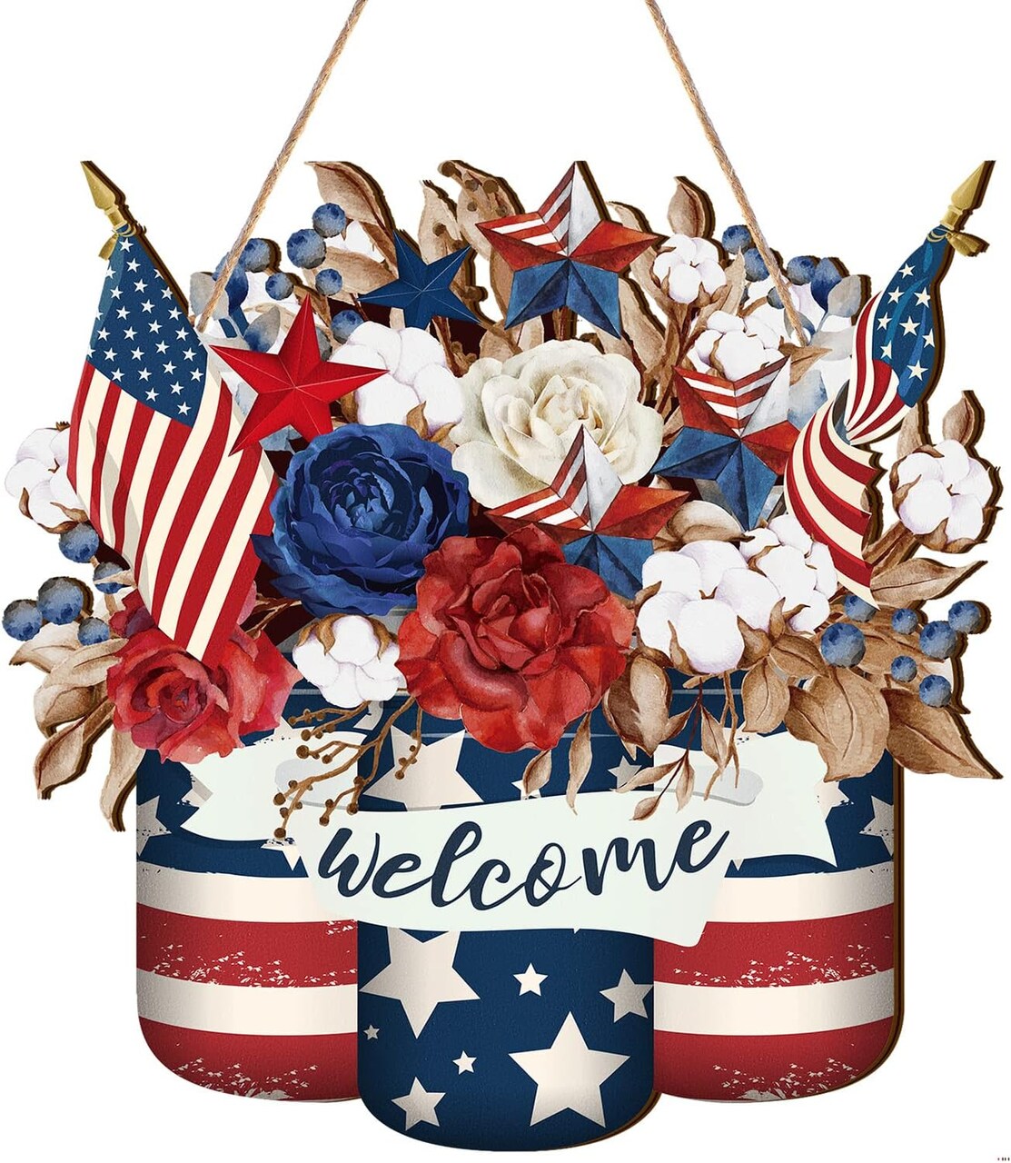 4th of July Decorations Patriotic Door Sign Wooden Memorial Day Wreath Red White Blue American Flag Door Hanger Independence Day Decor for Front Porch Wall Home Outdoor(Stylish)